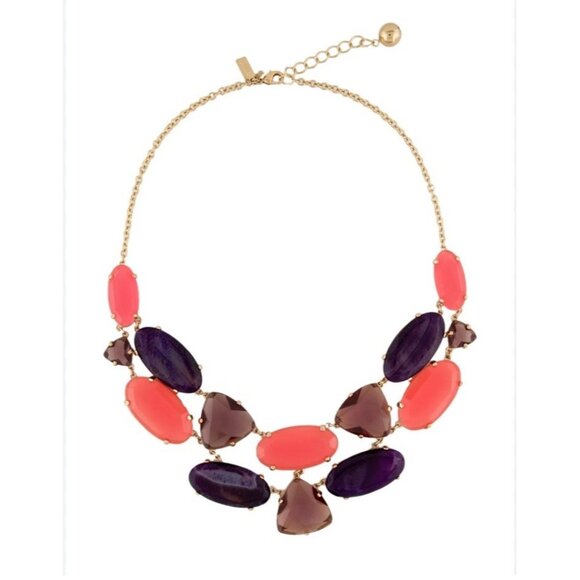 Kate Spade Moody Meadows Crystal Statement Necklace Purple Agate Pink Chunky Bib - Picture 6 of 6